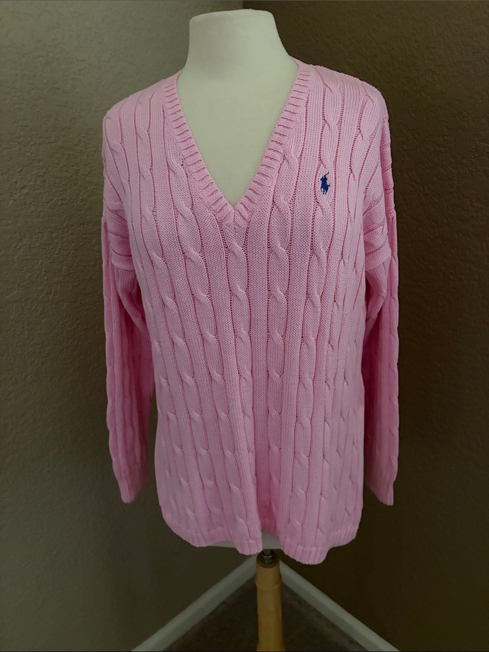 Ralph Lauren Pink Cable Knit V-Neck Sweater